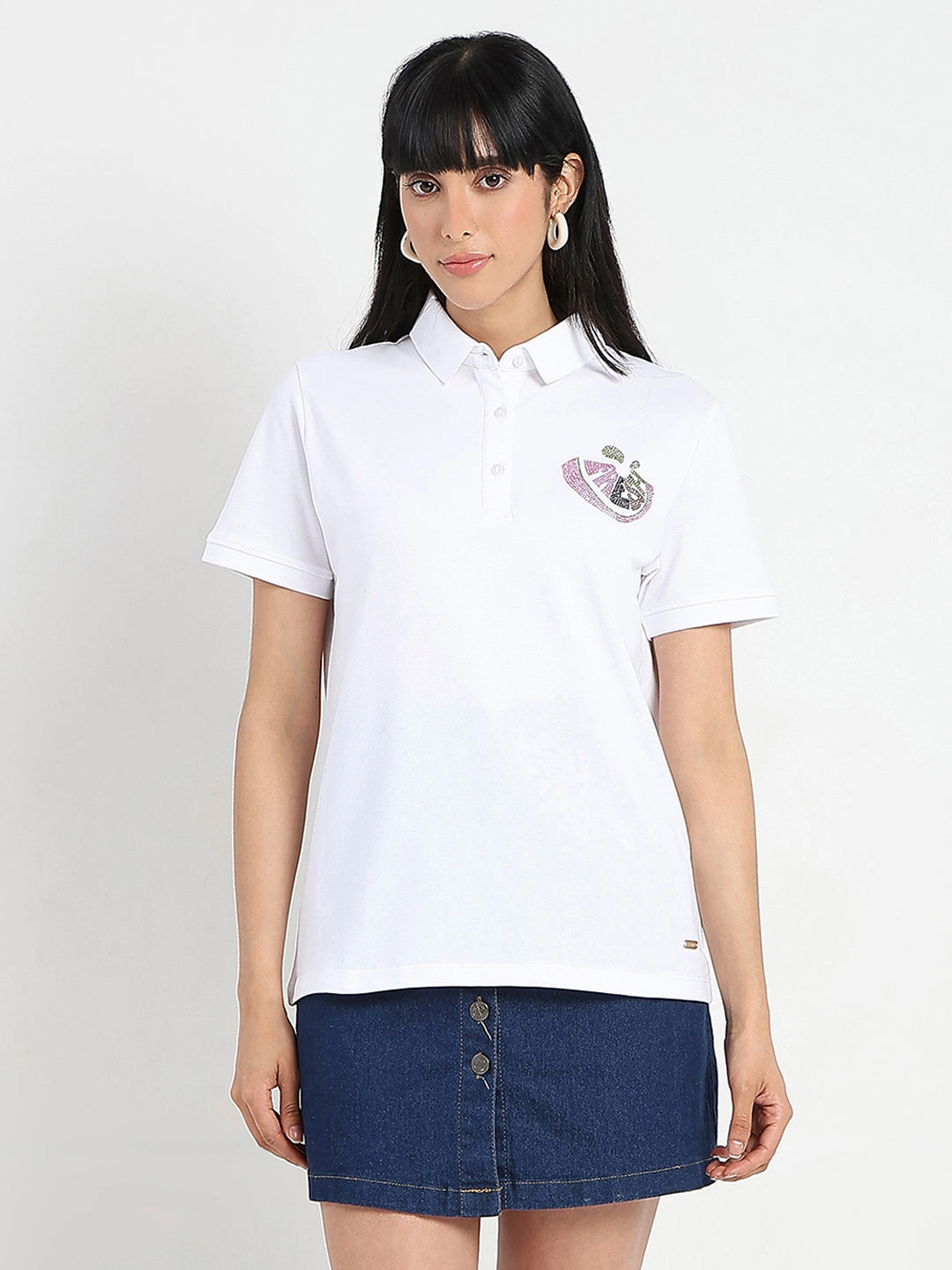 Abstract mystery Madame Graphic Print Adorned Cotton Blend White Polo T-shirt