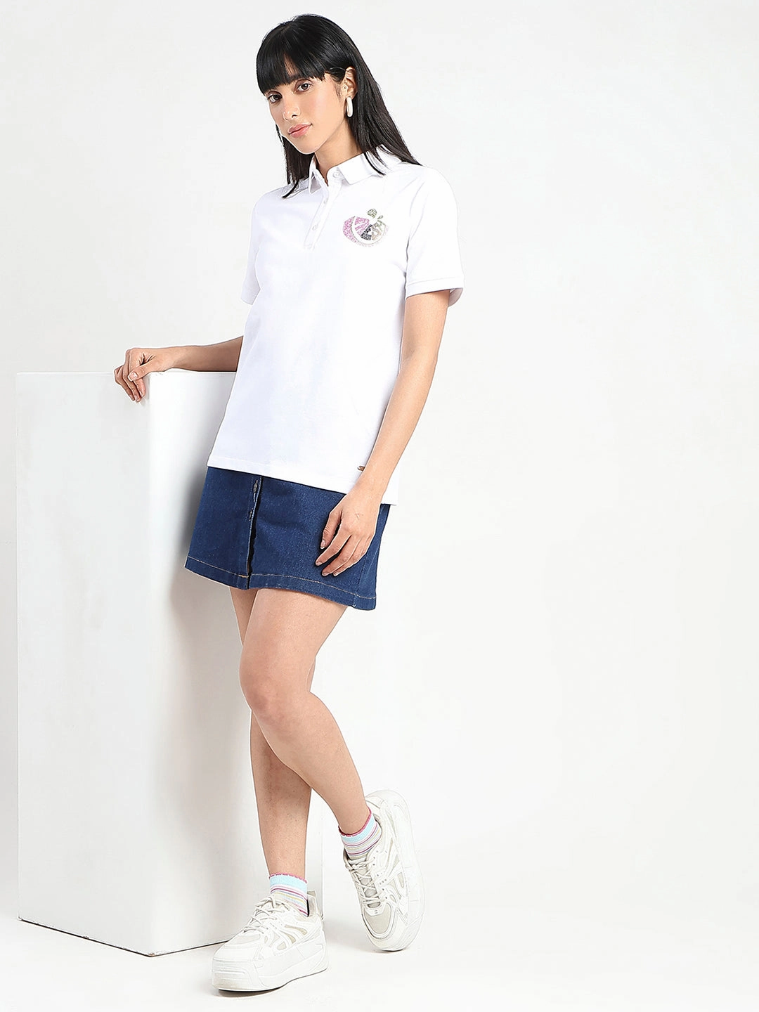 Short sleeved breeziness Madame Graphic Print Adorned Cotton Blend White Polo T-shirt