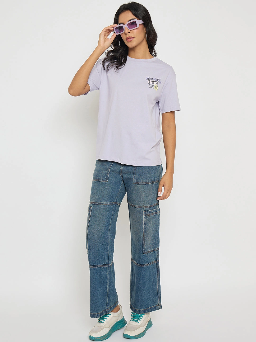 Active Design Wear Active Outfit Style Madame Graphic Print Adorned Lilac Cotton T-shirt