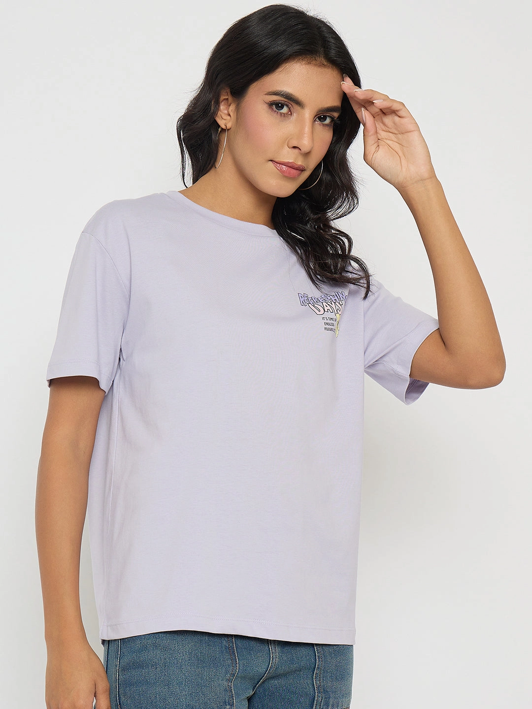 Odor-resistant Versatile Option Madame Graphic Print Adorned Lilac Cotton T-shirt