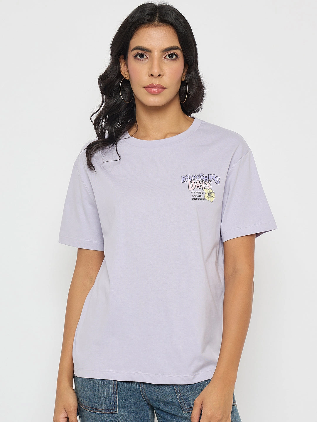 Madame Graphic Print Adorned Lilac Cotton T-shirt Ultra Soft Blend