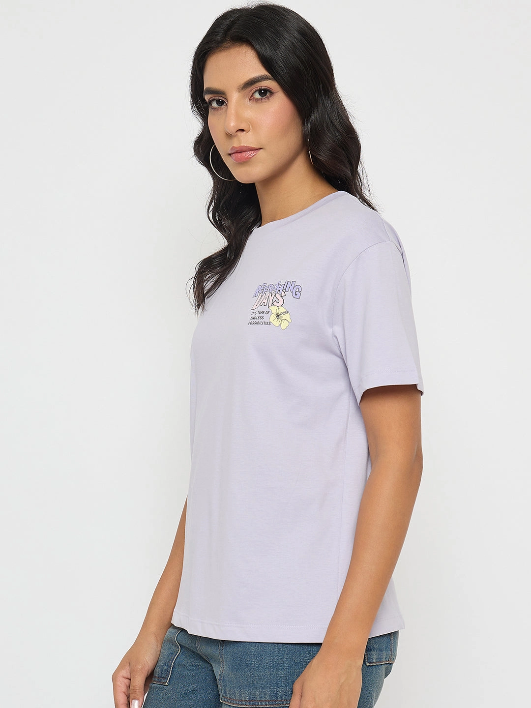 Elderly Comfort Madame Graphic Print Adorned Lilac Cotton T-shirt