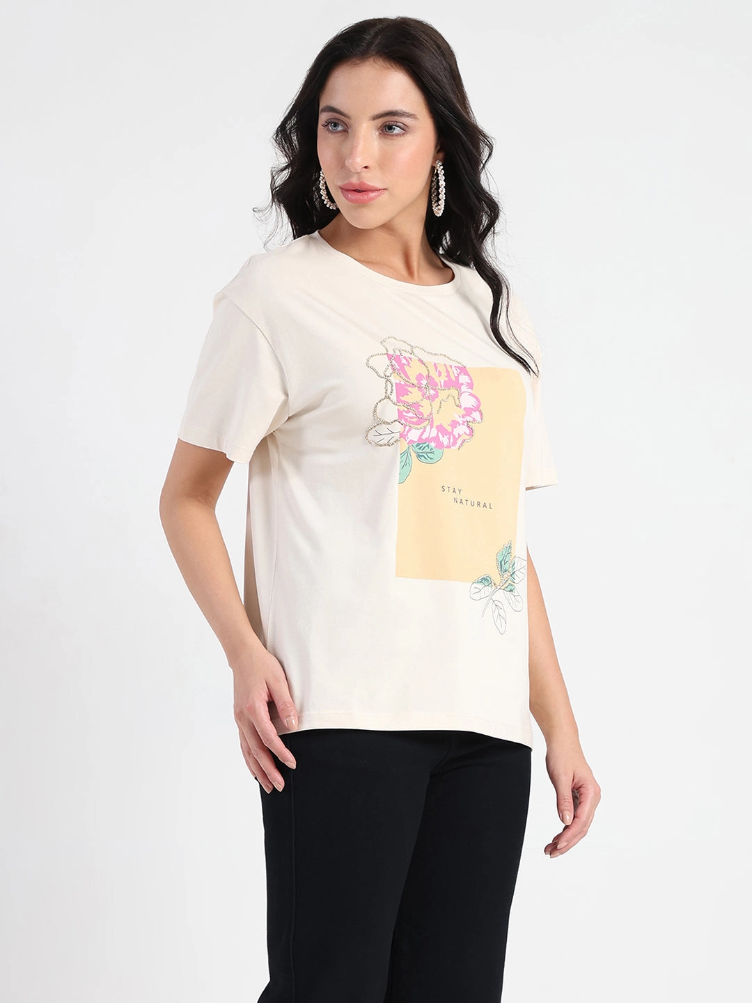Trendy Look Madame Graphic Print Beige Cotton Blend T-shirt