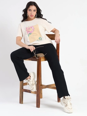 Sleek Design Fit Relaxed and Comfy Madame Graphic Print Beige Cotton Blend T-shirt