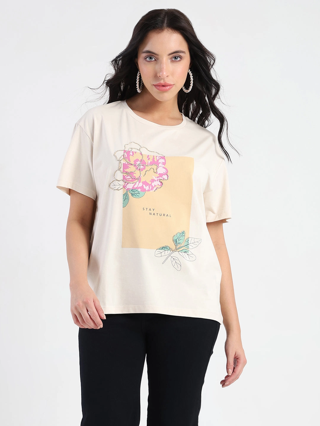 Madame Graphic Print Beige Cotton Blend T-shirt Standard Body Fit