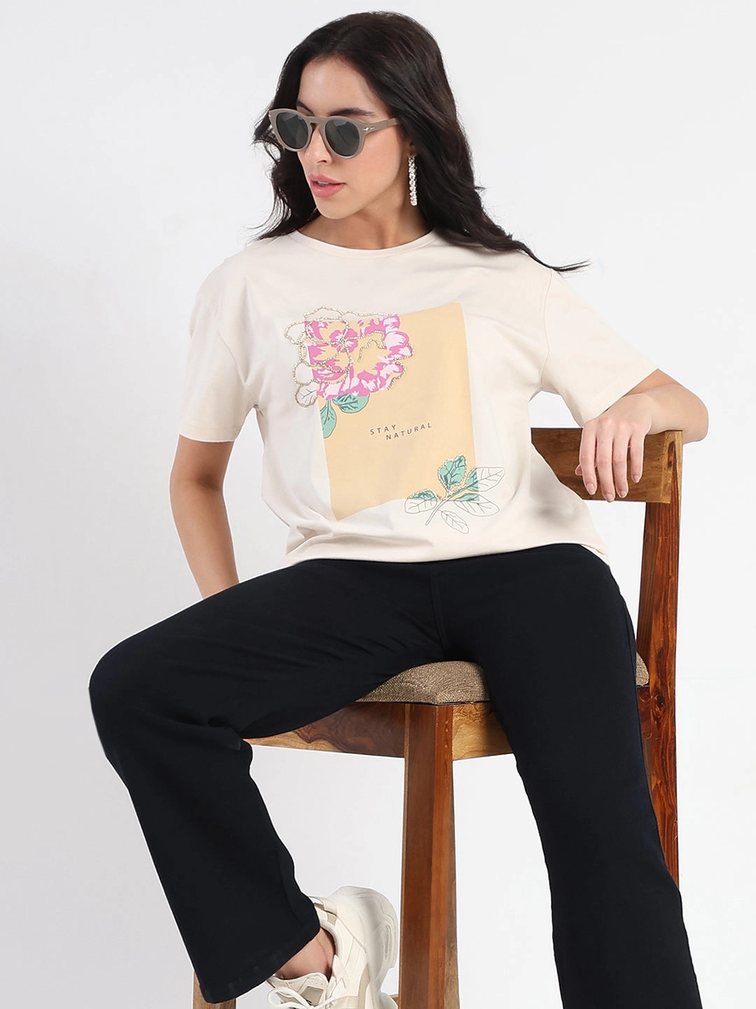 Comfy Apparel Sporty Comfort Wear Madame Graphic Print Beige Cotton Blend T-shirt