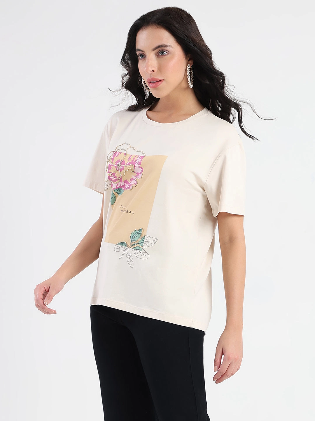 Madame Graphic Print Beige Cotton Blend T-shirt Performance Fit Wear