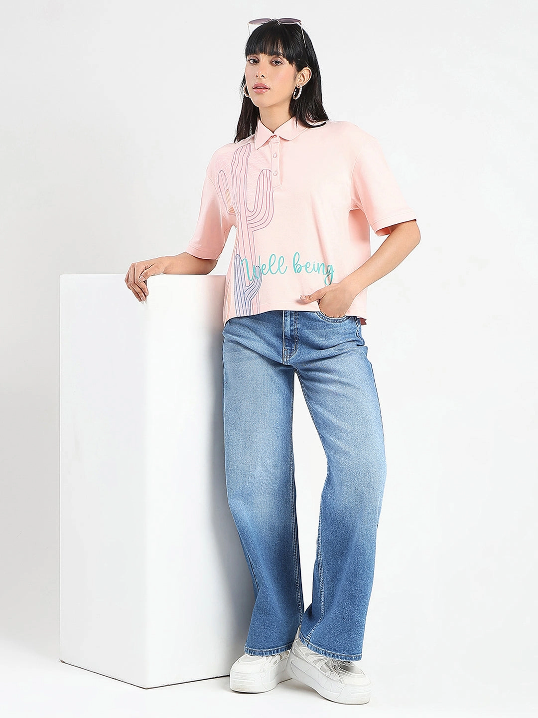 Sleek Design coordinate with other items Madame Graphic Print Cotton Blend Peach Polo T-shirt