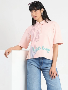 Madame Graphic Print Cotton Blend Peach Polo T-shirt short sleeved