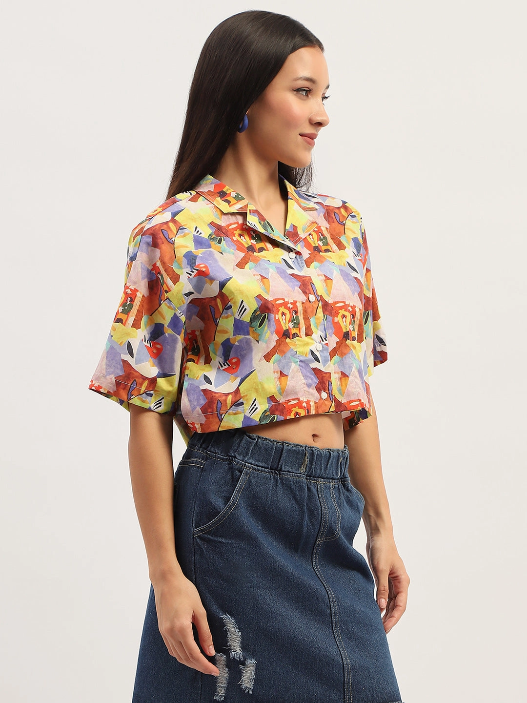 Static Dissipating Fiber Active Comfort Madame Graphic Print Cotton Purple Cropped Shirt