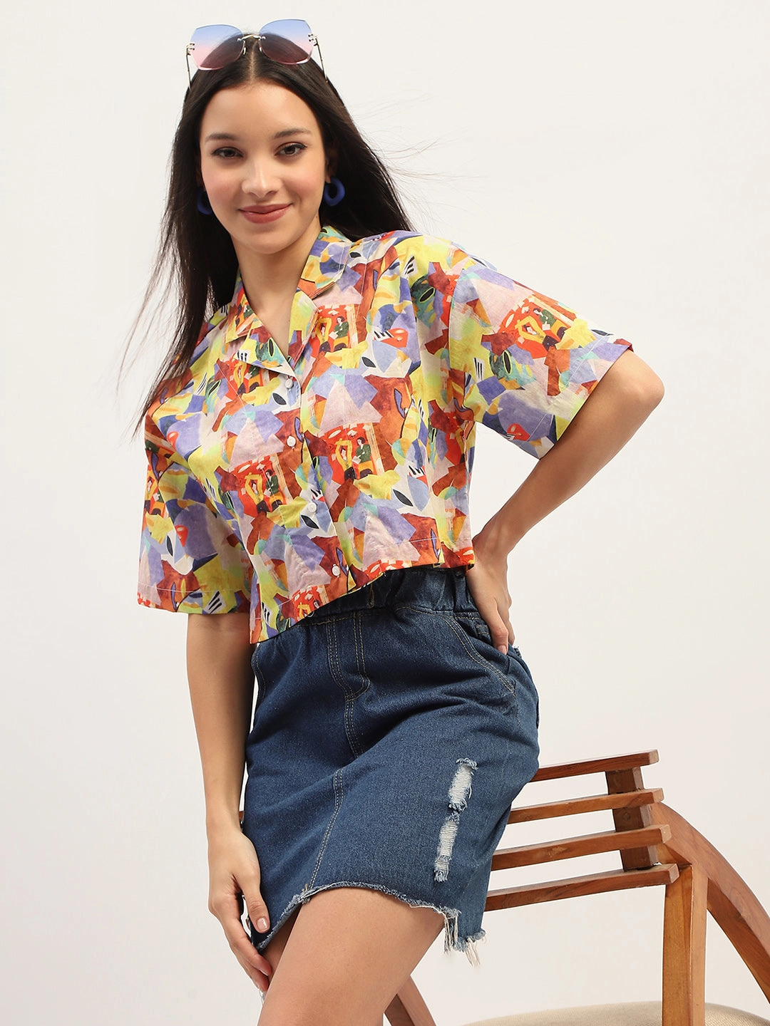 gender-neutral Seasonal Collection Madame Graphic Print Cotton Purple Cropped Shirt