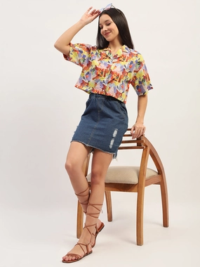 Madame Graphic Print Cotton Purple Cropped Shirt tailored look