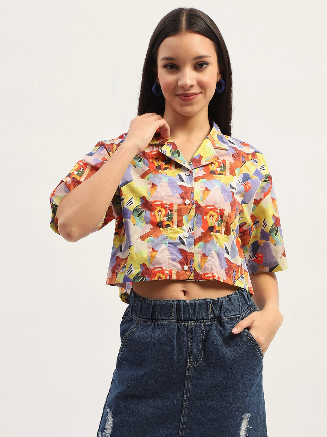 Madame Graphic Print Cotton Purple Cropped Shirt Summer Fashion Comfort Fit