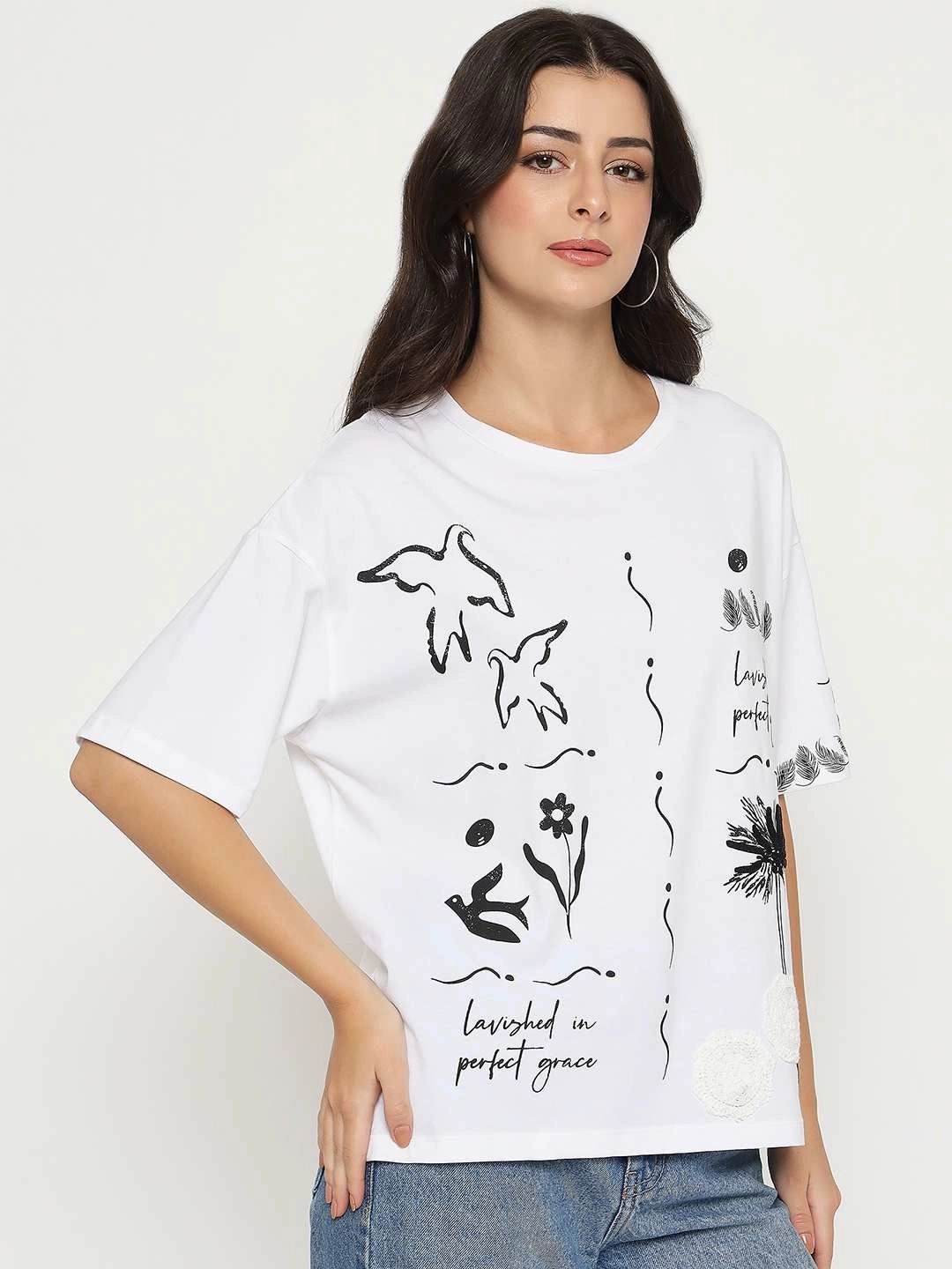Madame Graphic Print Cotton White T-shirt Weekend Smart