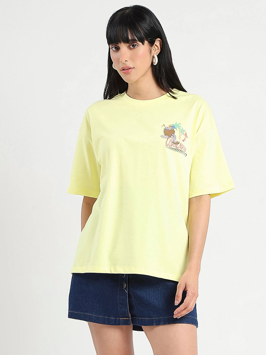 Stretch waistband SeamlessSidePanels Madame Graphic Print Detailed Yellow Cotton T-shirt