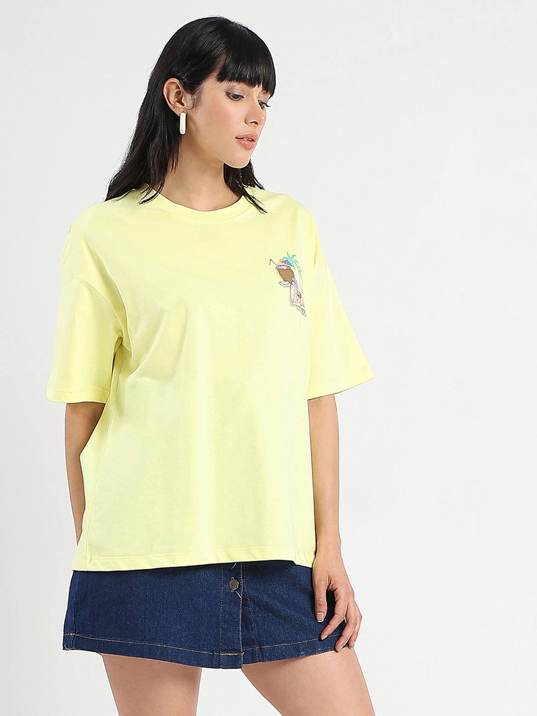 Madame Graphic Print Detailed Yellow Cotton T-shirt Multi Directional Stretch