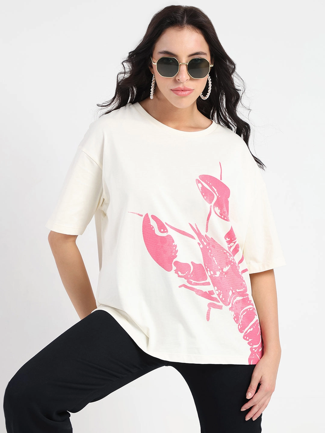 petite size Madame Graphic Print Half Sleeve Off White Cotton T-shirt