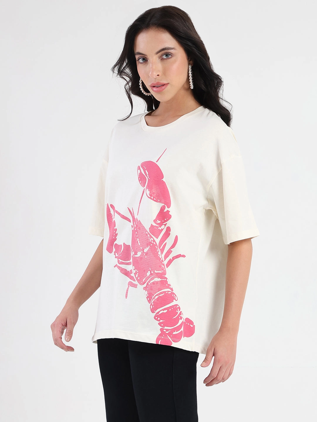 Eco Conscious Production Madame Graphic Print Half Sleeve Off White Cotton T-shirt