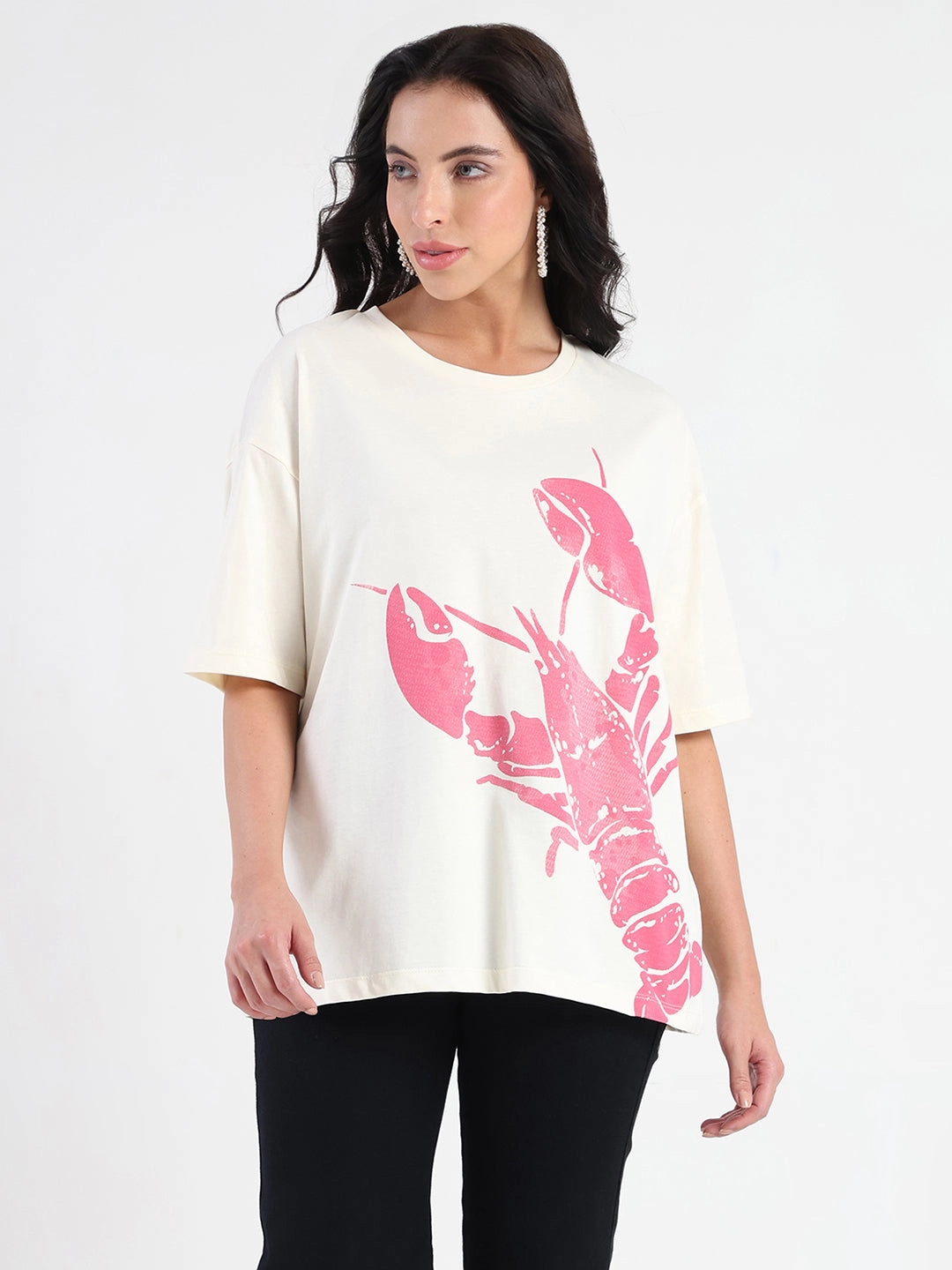 Madame Graphic Print Half Sleeve Off White Cotton T-shirt Bohemian