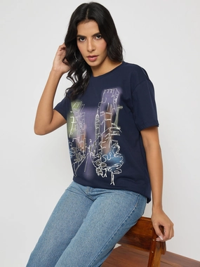 Comfort Wearable Madame Graphic Print Navy Blue Cotton T-shirt
