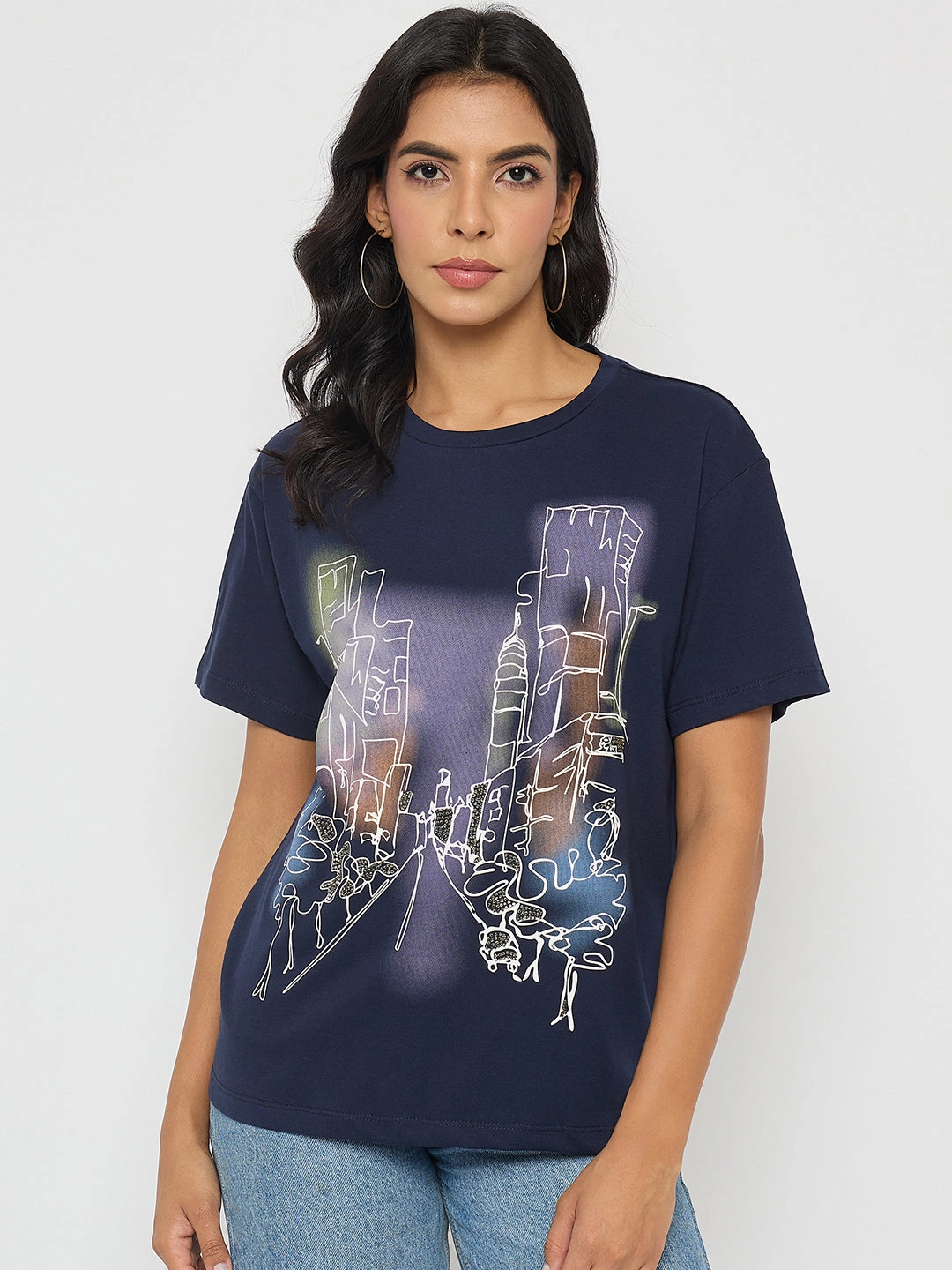 Madame Graphic Print Navy Blue Cotton T-shirt Effortless Wear
