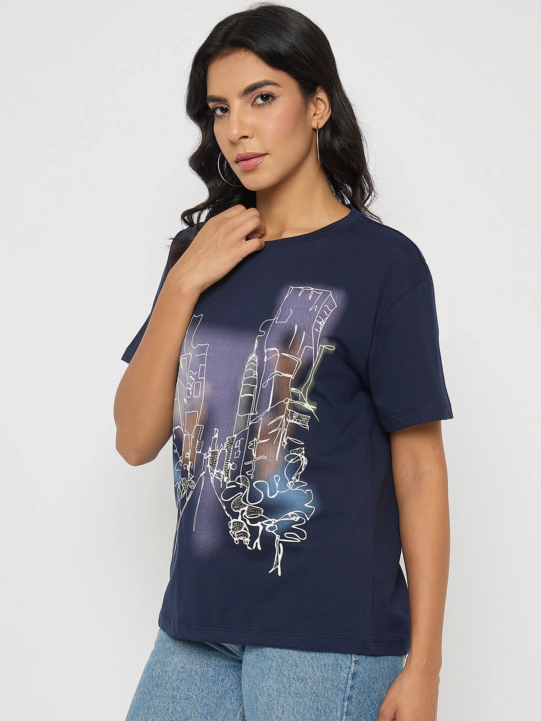 Madame Graphic Print Navy Blue Cotton T-shirt anniversary Active Layering