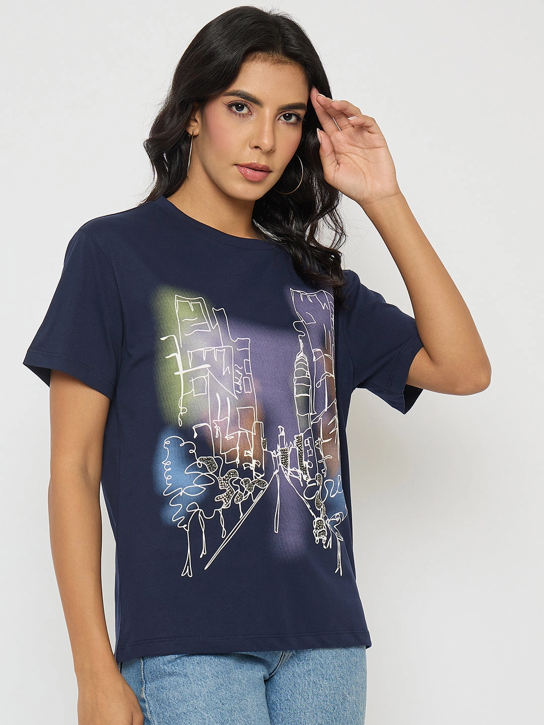Cozy Vibe Fun and Playful Madame Graphic Print Navy Blue Cotton T-shirt