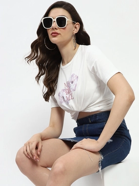 Relaxed Waistband Side Vent Design Madame Graphic Print White Cotton T-Shirt