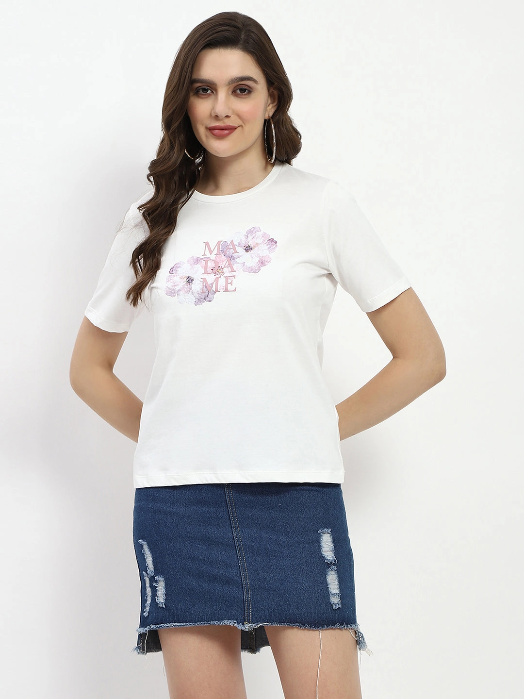 Madame Graphic Print White Cotton T-Shirt Perfect Layering