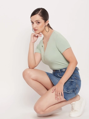 Wrinkle Resistant Material Soft Knit Madame Green Deep V Neck Fitted Cotton T-shirt