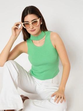 Madame Green Ribbed Sleeveless Cutout Sweater Seamless Stitching Roomy Comfort