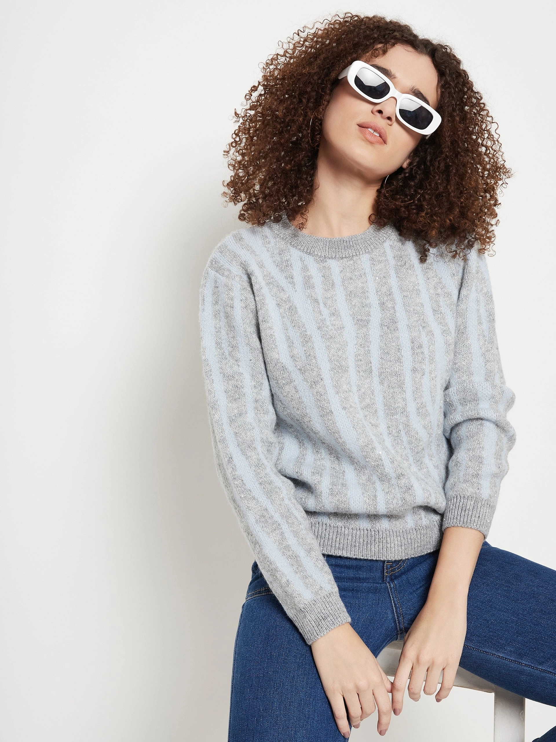Madame Grey Round Neck Printed Sweater Roomy Waist