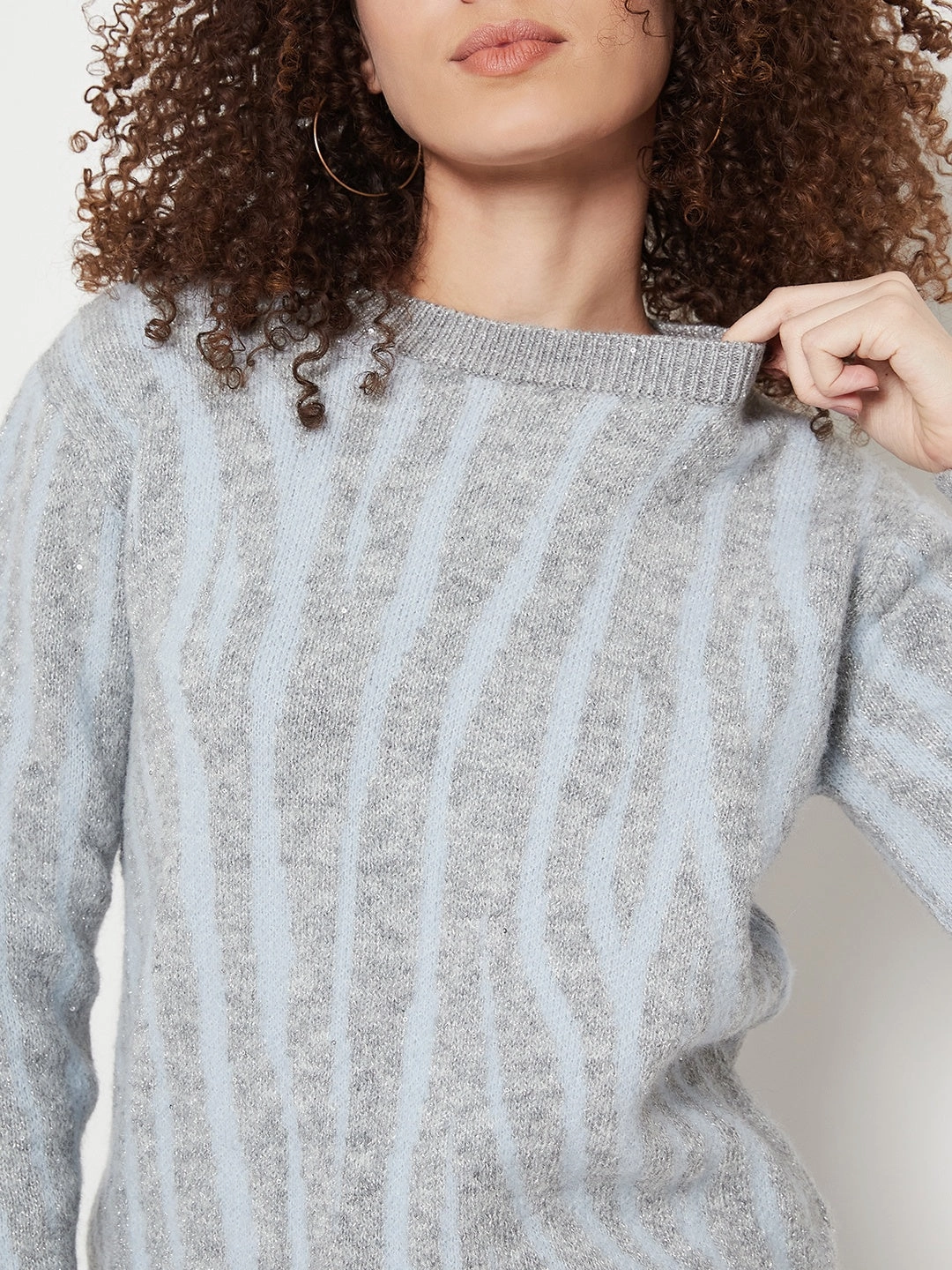 Comfy Layered Wear Active Stretch Fit Madame Grey Round Neck Printed Sweater