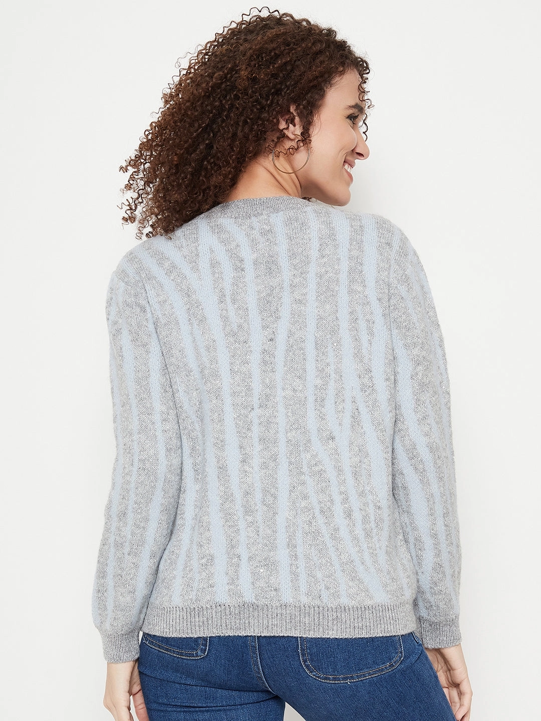 Madame Grey Round Neck Printed Sweater Cozy Essentials