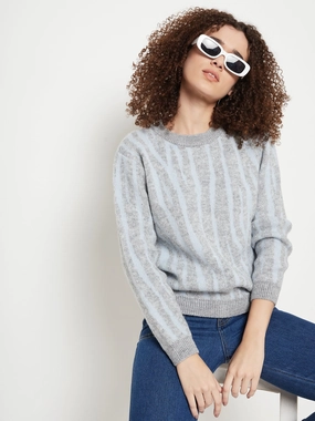 Madame Grey Round Neck Printed Sweater Roomy Waist