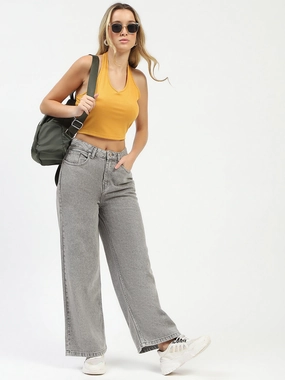Madame Grey Wide-Leg Jeans Permanent Crease Retention