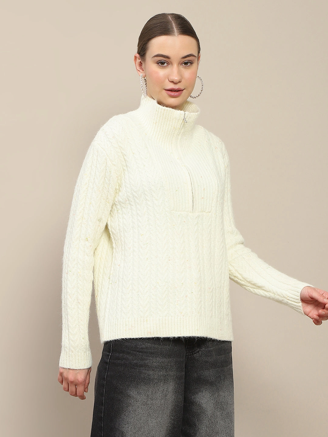 Madame Half Zipper Collared Off White Sweater Ribbed Hem