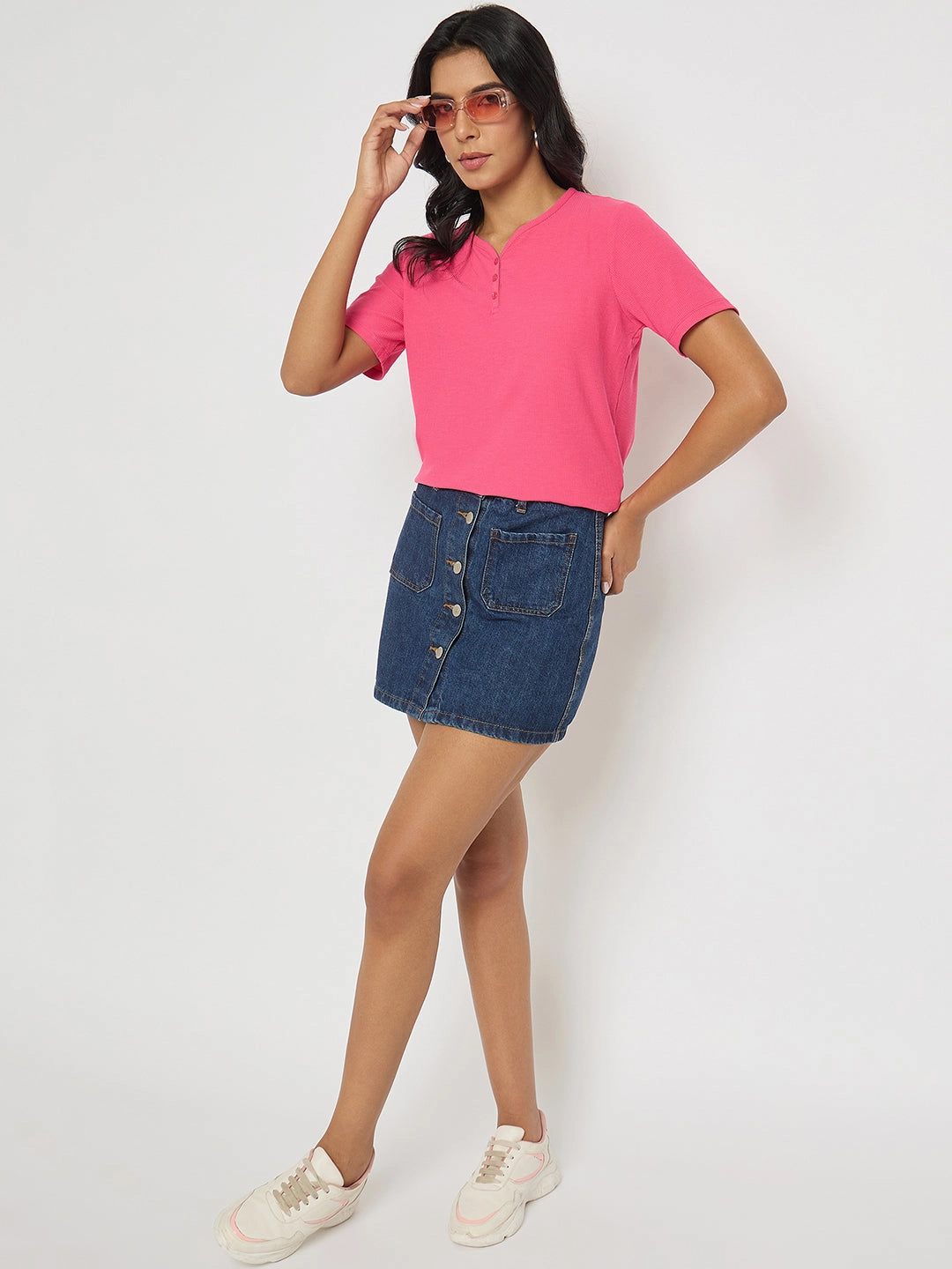 Soft and Stylish Madame Henley Neck Solid Hot Pink T-Shirt