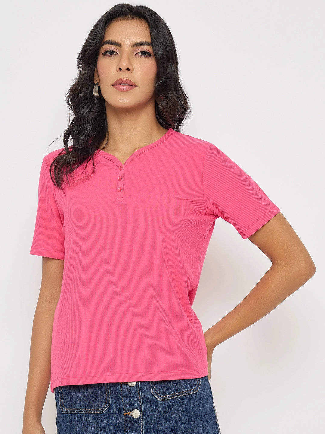 Madame Henley Neck Solid Hot Pink T-Shirt Relaxed Smart