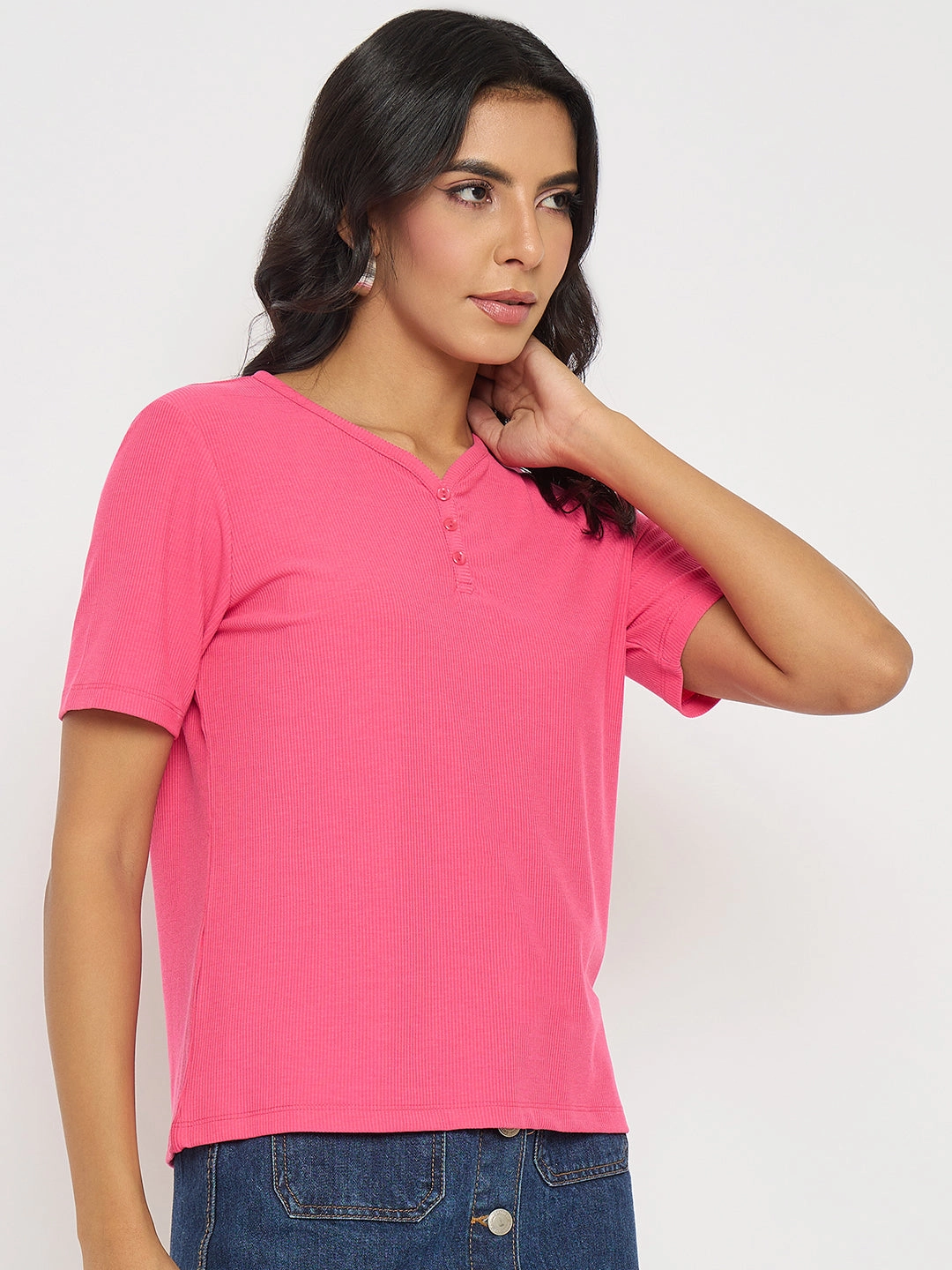 Quick Fit Performance Madame Henley Neck Solid Hot Pink T-Shirt