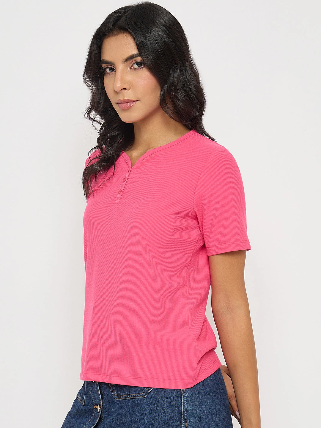 Madame Henley Neck Solid Hot Pink T-Shirt Day-to-Day Comfort
