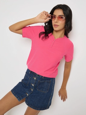 RecycledBlend Premium Cotton Madame Henley Neck Solid Hot Pink T-Shirt