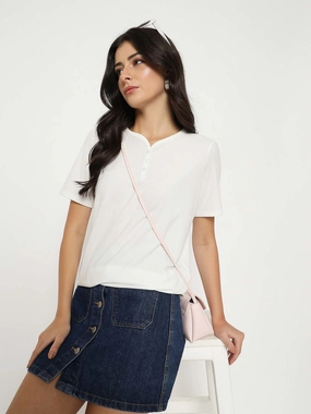 Reinforced Collar fade resistant color Madame Henley Neck Solid White T-Shirt