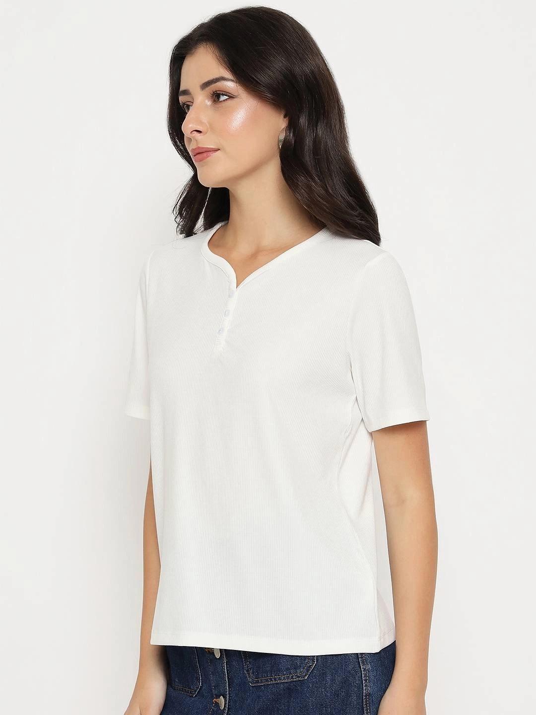 Casual Day Wear Outdoor Light Madame Henley Neck Solid White T-Shirt