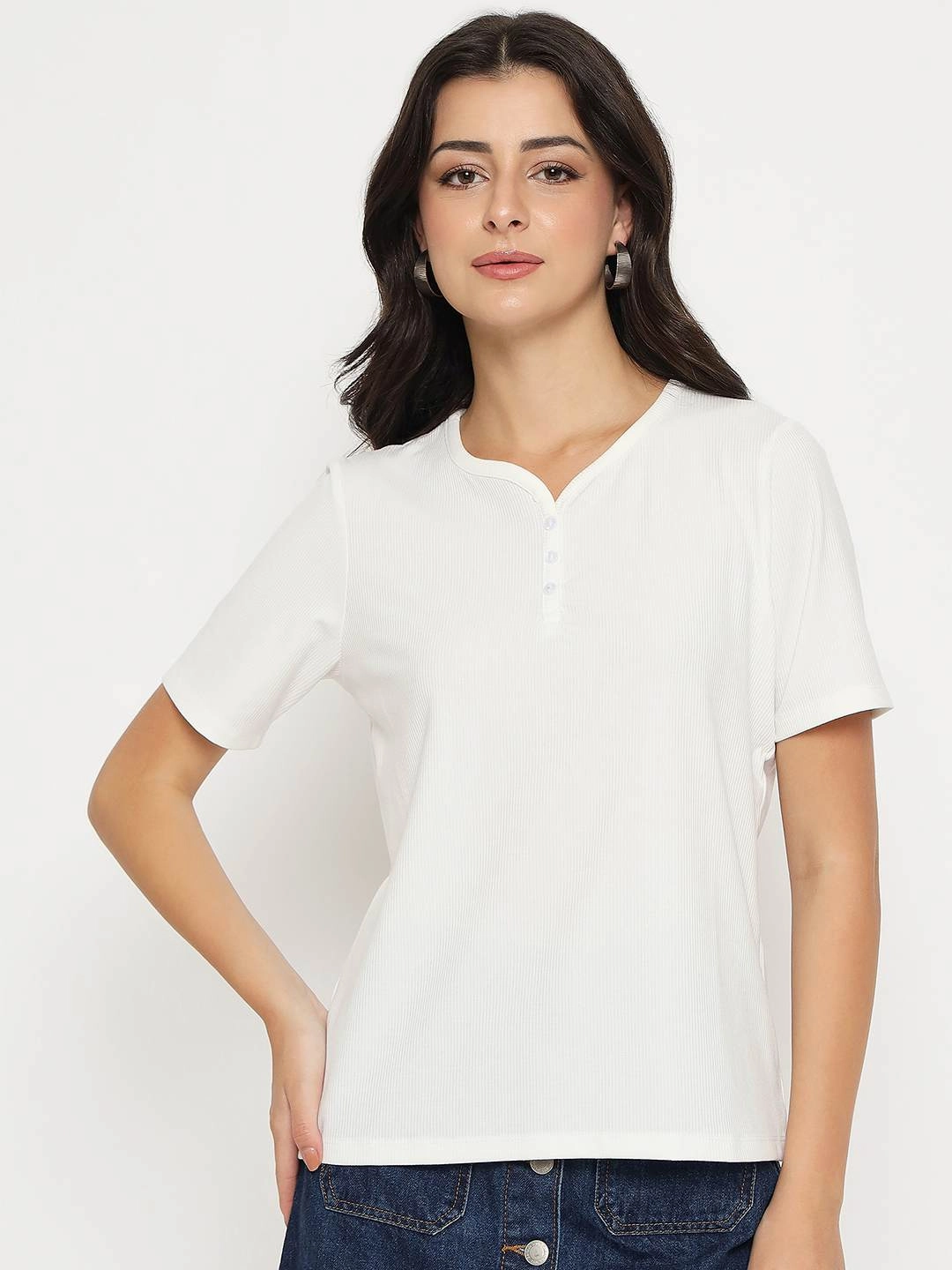 Smooth Seam Technology AntiStaticLining Madame Henley Neck Solid White T-Shirt
