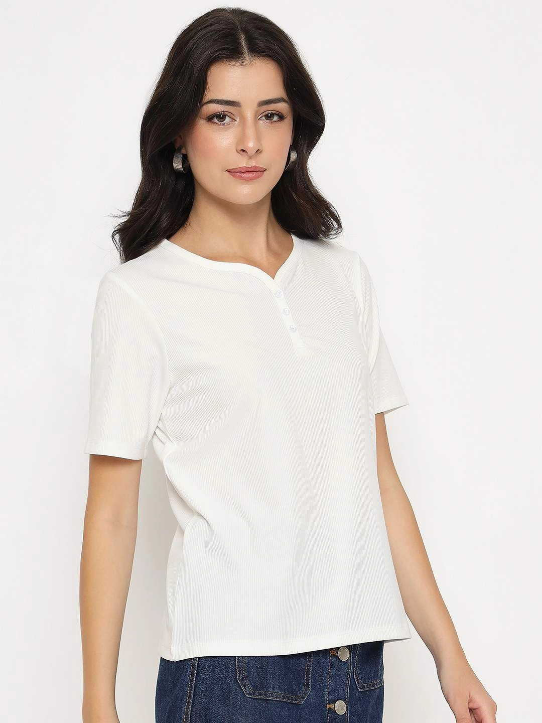 Madame Henley Neck Solid White T-Shirt Fashionable Option Urban Comfort
