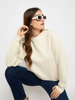 Madame Knitted Self-Textured Off White Sweatshirt comfortable for sitting Urban Fashion