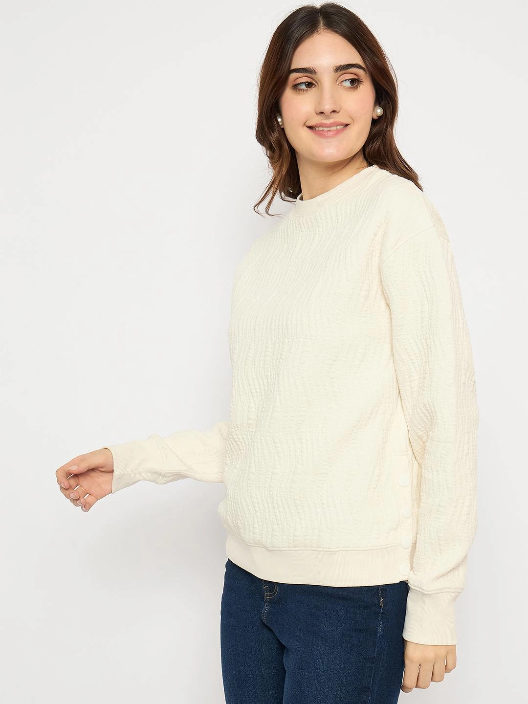 Madame Knitted Self-Textured Off White Sweatshirt Fashionable Look product matte sophistication