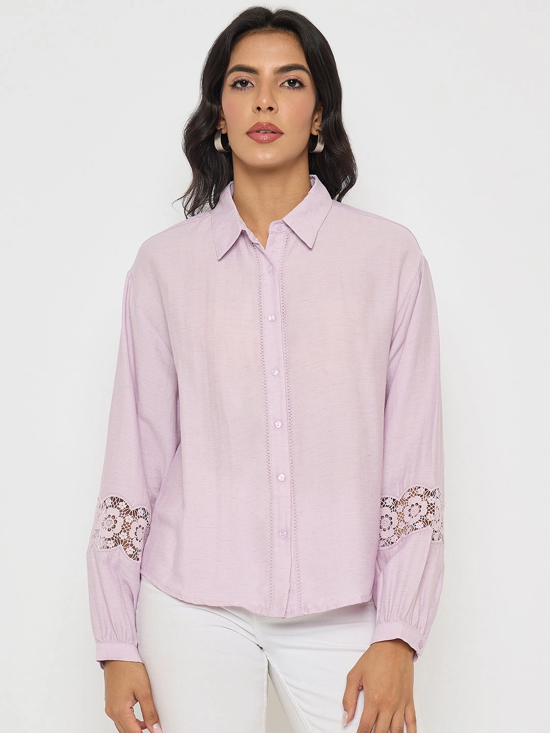 Madame Lace Detailed Lilac Nylon Blend Shirt Wrinkle Resistant Material Seasonal Wear