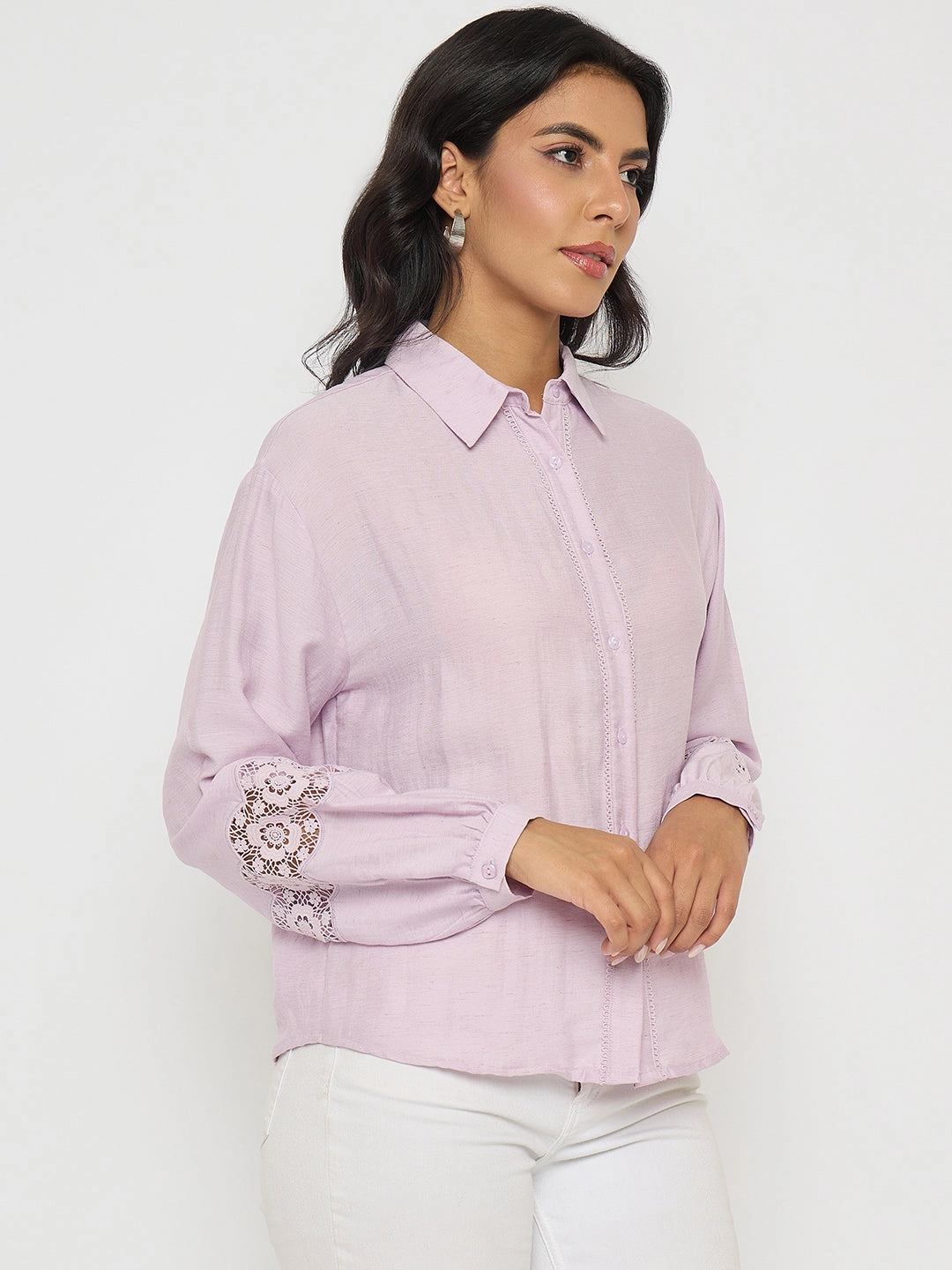 Madame Lace Detailed Lilac Nylon Blend Shirt Hooded Option Casual Design
